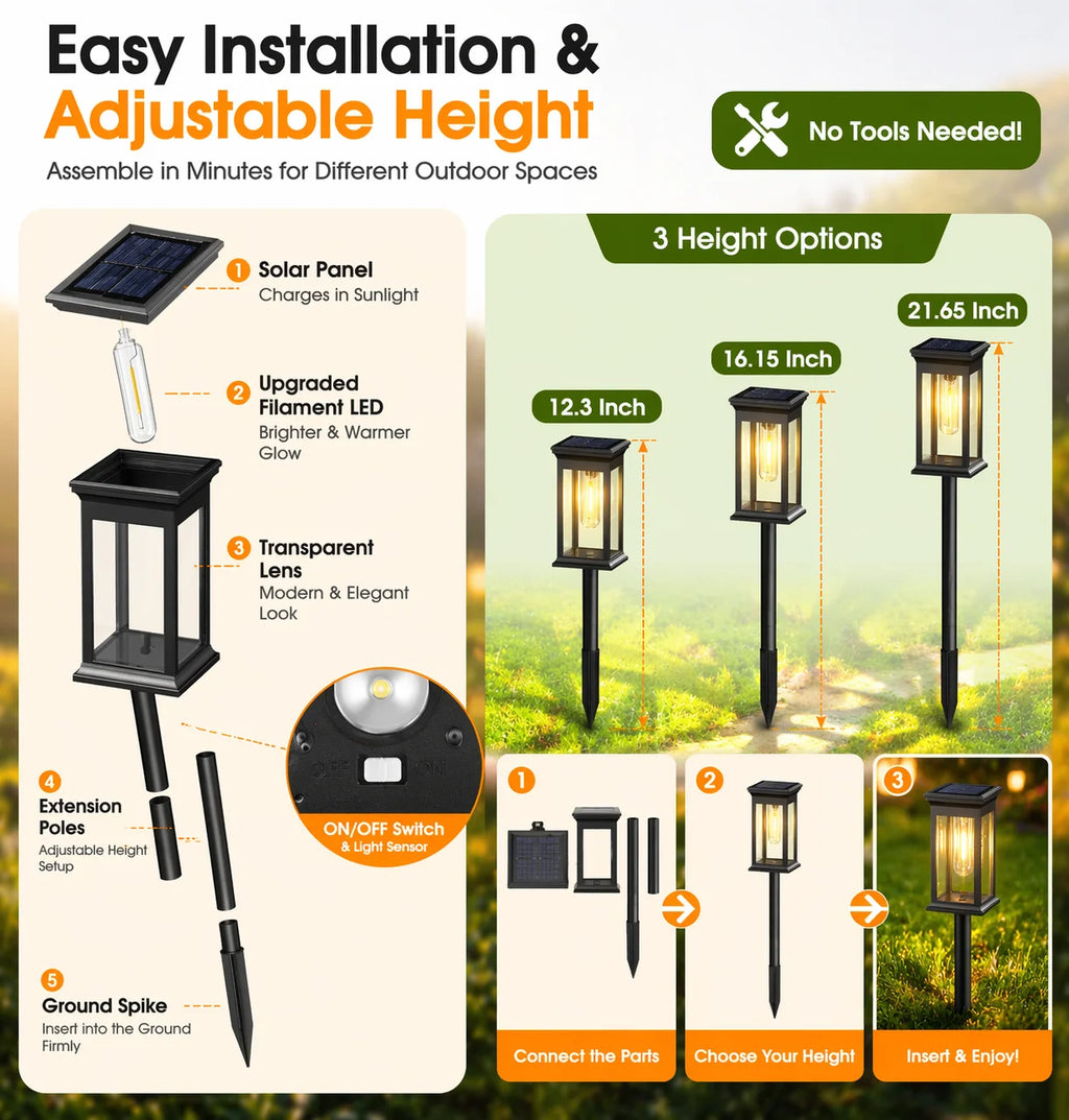 21 Inch 8 Pack Black IP65 Waterproof Solar Pathway Lights Adjustable Height Filament LED Outdoor Garden Landscape Lighting For Yard Patio Walkway Lawn Home Decor Gift Halloween Christmas