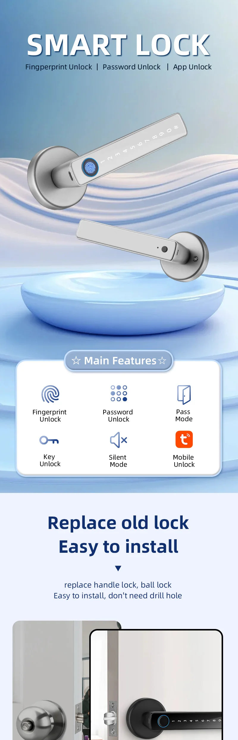 M5 Tuya BLE Fingerprint Door Lock Digital Electronic Lock with Password/Key/IC Card/ Smartlife/ Tuya APP Unlock