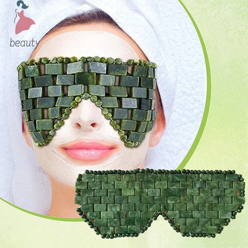 Natural green jade stone eye mask for cooling face massage and sleep relaxation, reusable spa beauty tool.