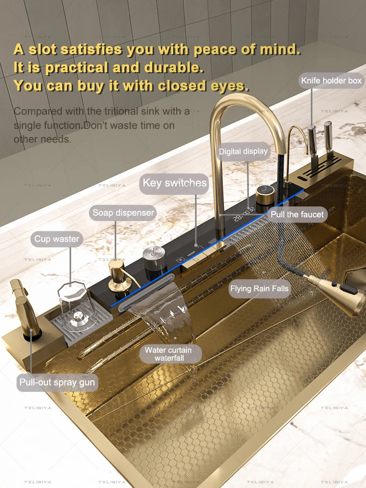 Stainless Steel Kitchen Sink Large Single Slot Multifunctional Waterfall Digital Display Faucet Wash Dish Bowl Undermount Basin