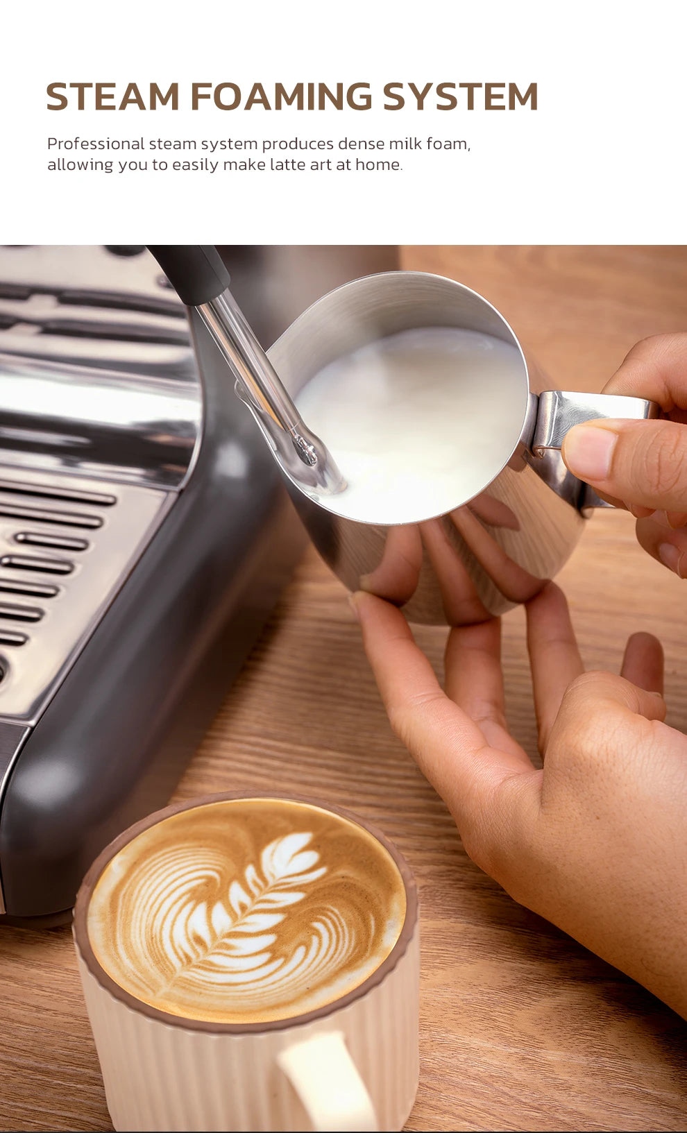 Stainless steel milk frothing pitcher used with an espresso machine steam wand to make latte art.