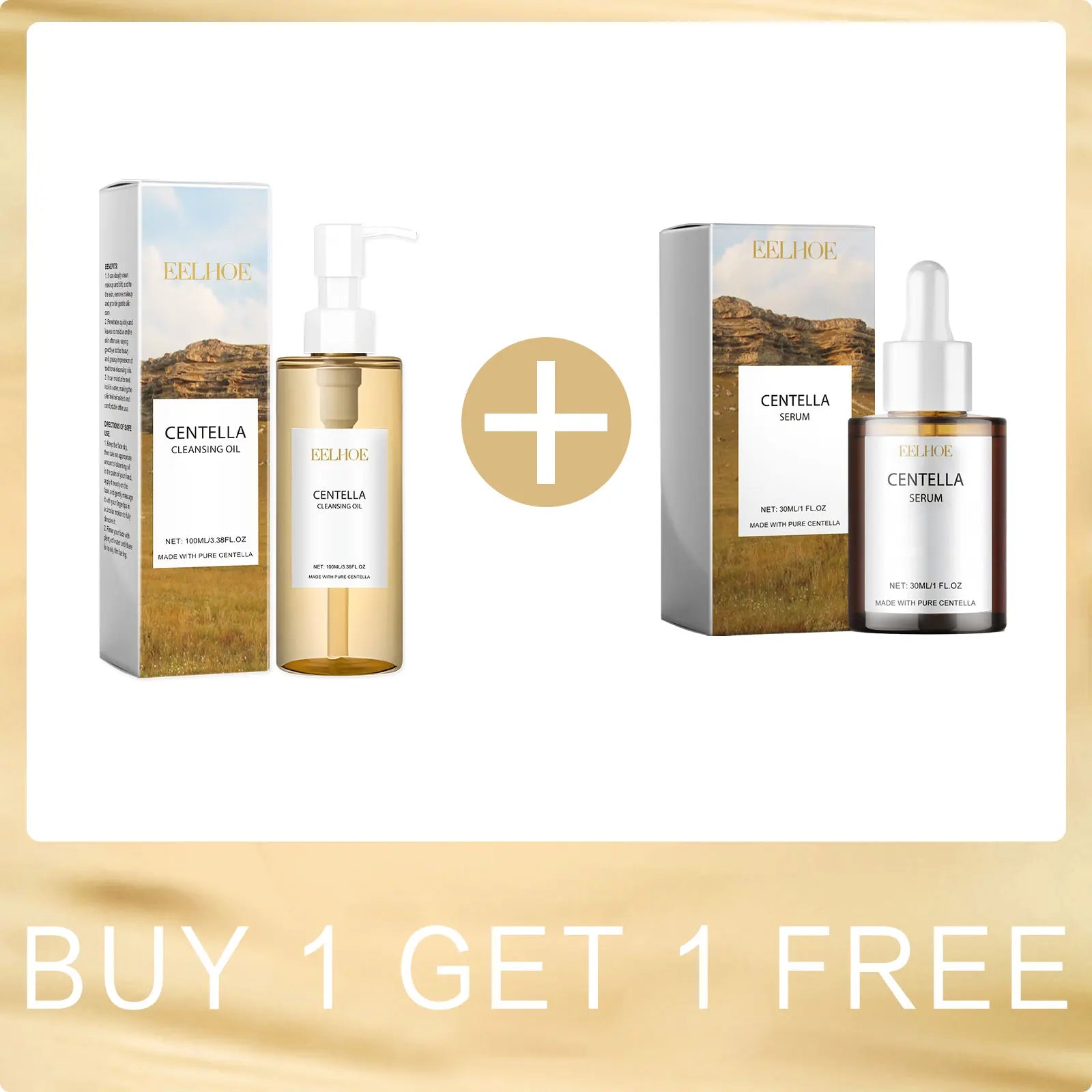 Centella set display: cleansing oil and serum boxes with bottles