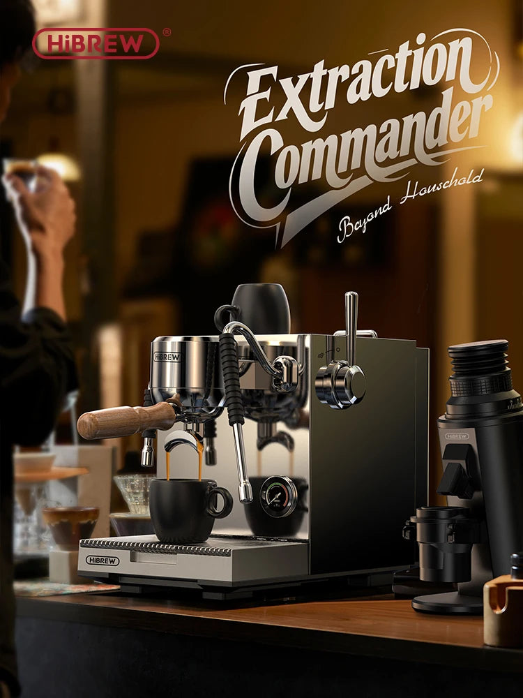 HiBREW Extraction Commander stainless steel espresso machine with portafilter and integrated steam wand.