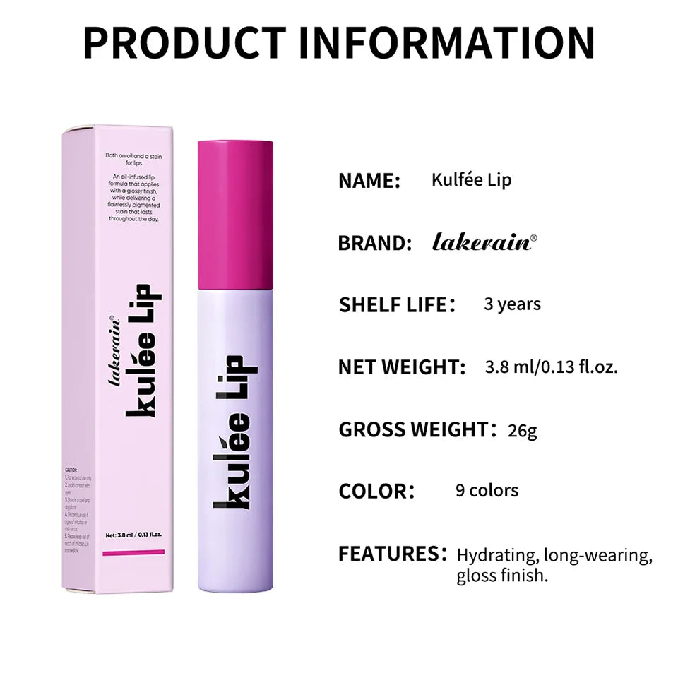 Lakerain Kulfée moisturizing lip oil in light purple tube with pink cap. Non-sticky, long-lasting glossy lip makeup.