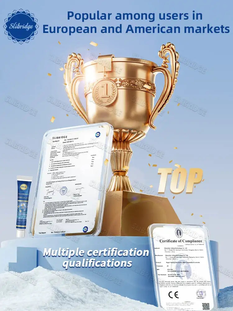A gold trophy, a small dark-blue skincare tube, and two white product certification documents on a snowy blue surface.