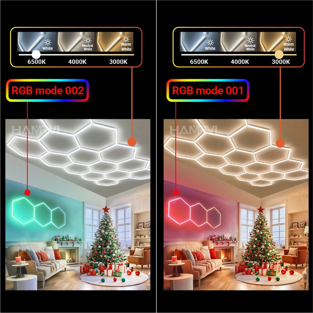 Garage Dimmable Hexagon LED Lighting RGB Color Change 3000-6000K Gym BarberShop Honeycomb Ceiling Lights Halloween Party Gaming