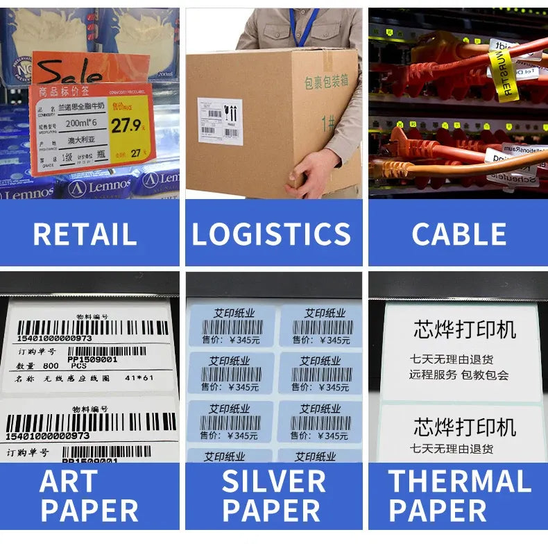 Retail, logistics, and cable label prints featuring barcode and thermal tag designs.