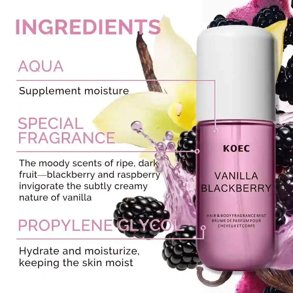 Vanilla Blackberry hair and body fragrance mist in a tall pink cylindrical spray bottle with a white cap.