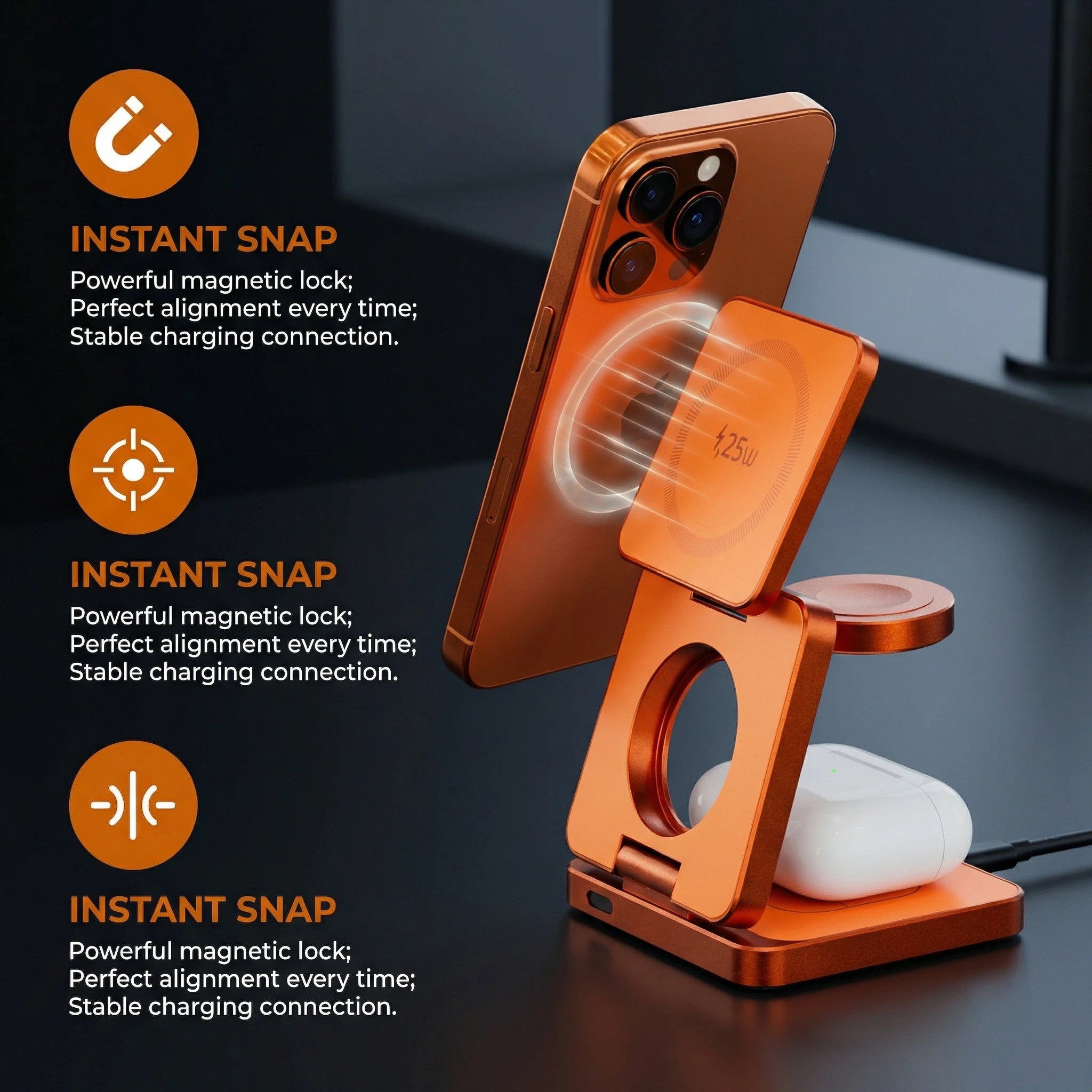 25W Qi2.2 Magnetic Wireless Charger, 3 in 1 Qi2 25W Foldable Fast Wireless Charging Stand for iPhone 17 14-16 AirPod Apple Watch