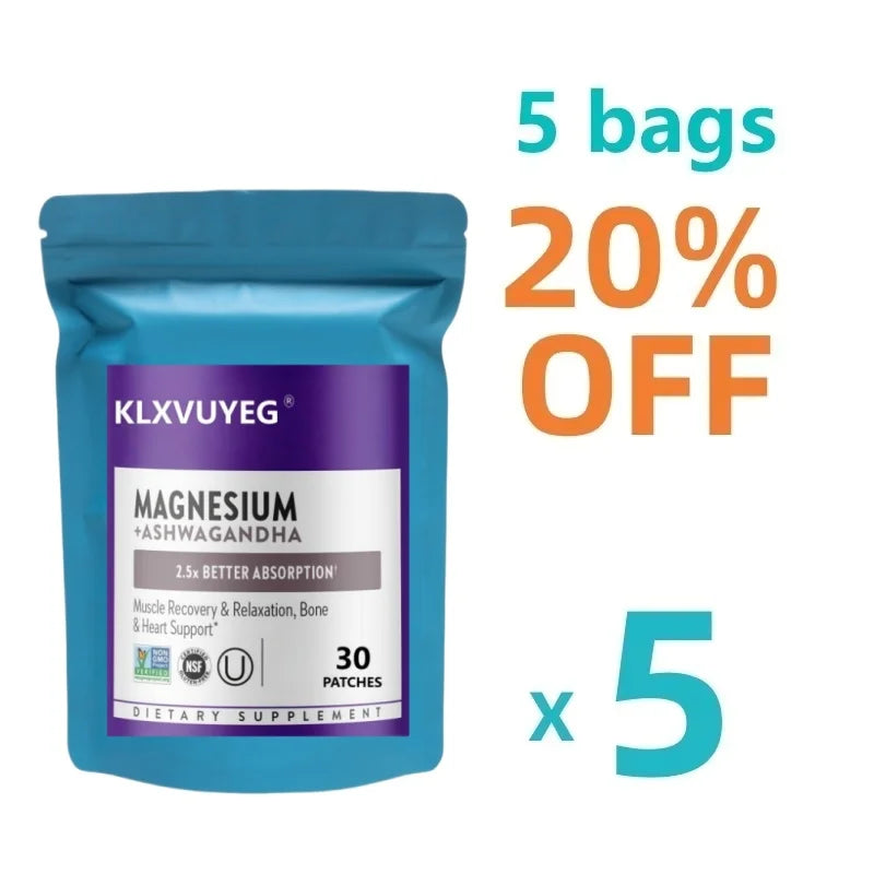Magnesium, KLXVUYEG Magnesium + Ashwagandha Supplement, Muscle Recovery, Heart & Bone Health, Calm & Relaxation, 30 Patches