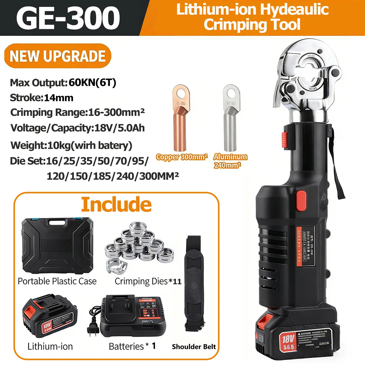 Lithium-ion hydraulic crimping tool with black body and included accessory kit