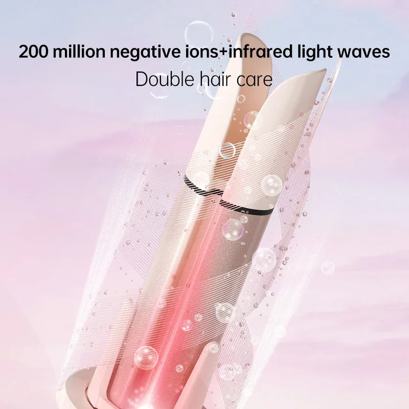 Rose gold automatic curling iron with negative ion hair care technology, infrared heating, and sleek anti-tangle design.