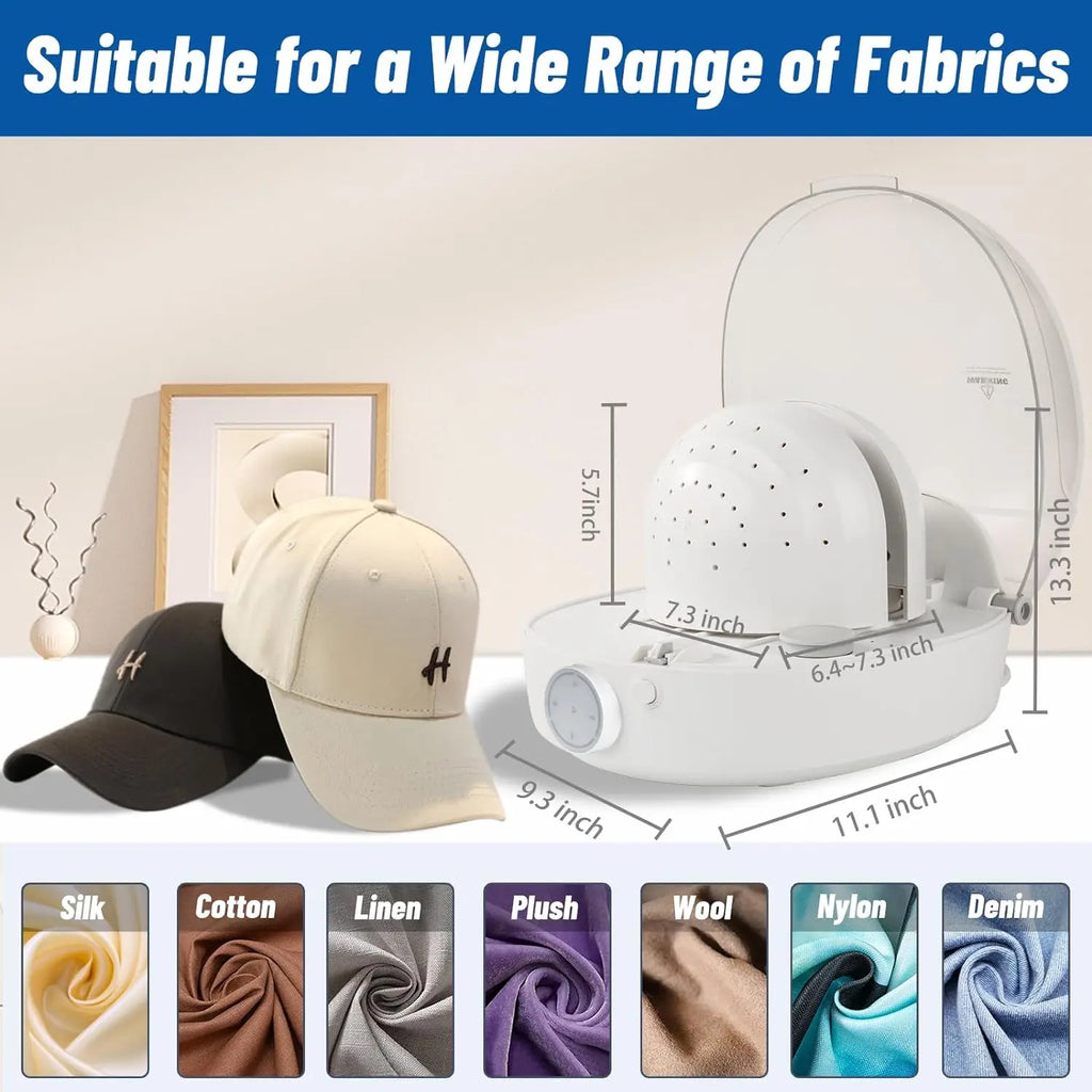Tidesmit automatic hat shaping machine using steam and hot-cold air to restore misshapen caps, side view features