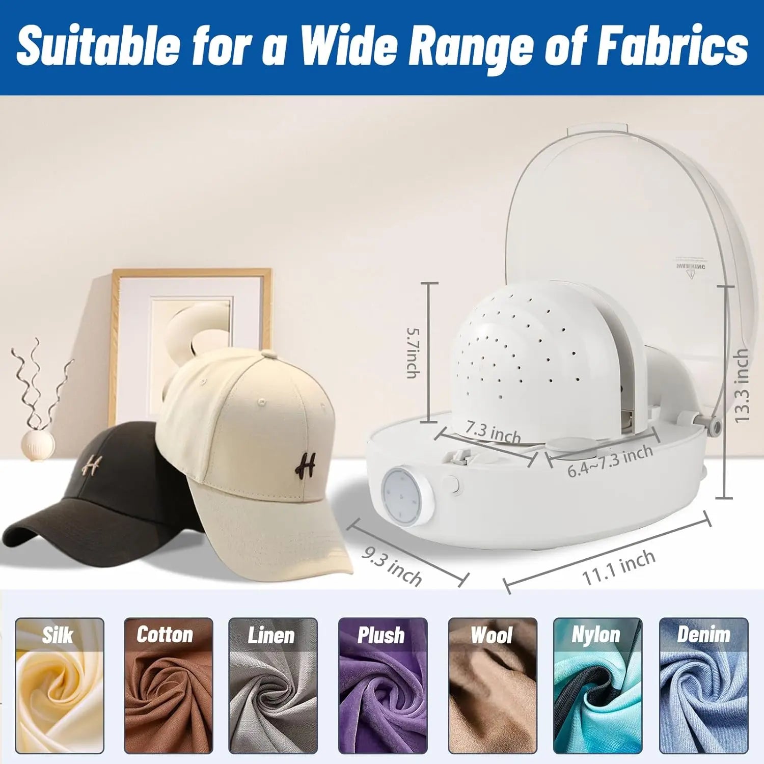 Tidesmit automatic hat shaping machine using steam and hot-cold air to restore misshapen caps, side view features