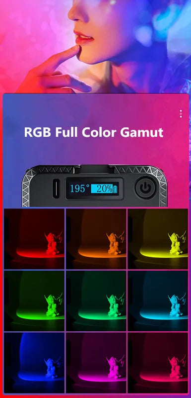 Portable RGB LED light with digital display showing settings and battery, illuminating a statue in various colors.
