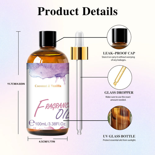 Coconut & Vanilla aromatherapy oil in amber UV glass bottle with dropper for wellness and home fragrance.