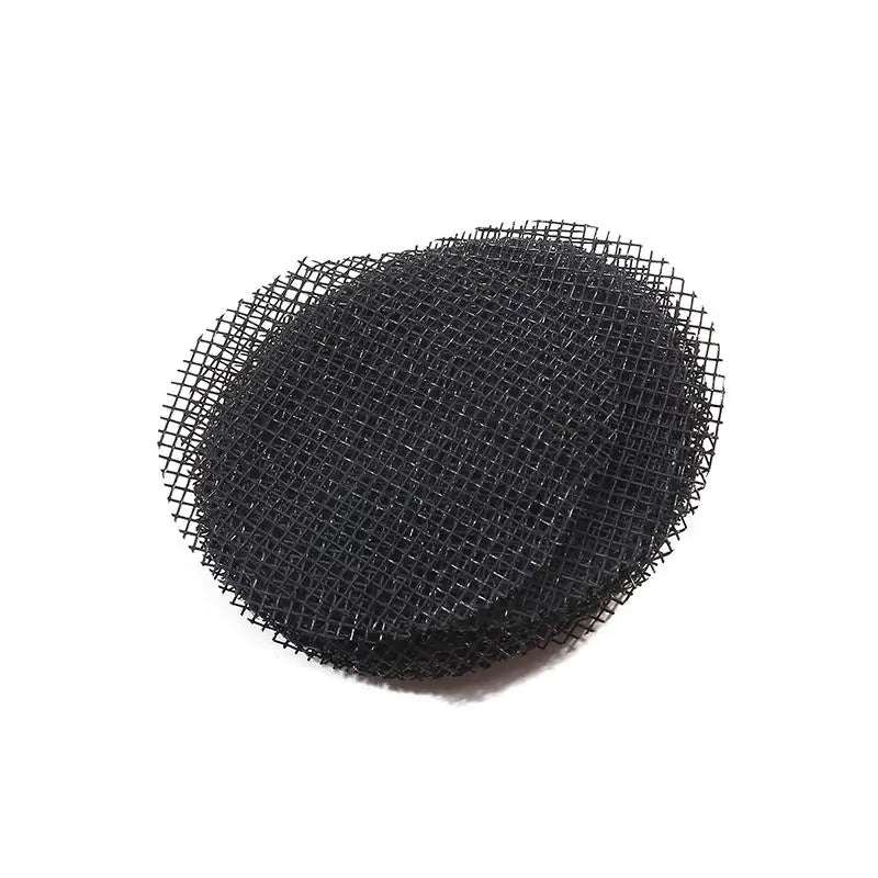 Black round mesh drainage screen with dense grid pattern for pot bottoms