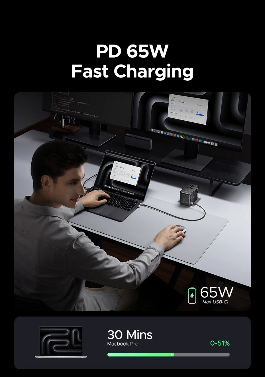 UGREEN 65W Universal Travel Adapter 2 USB-C 1 USB-A AC Socket GaN Charger Certified CE FCC UKCA TÜV For EU US UK Grounded Plug