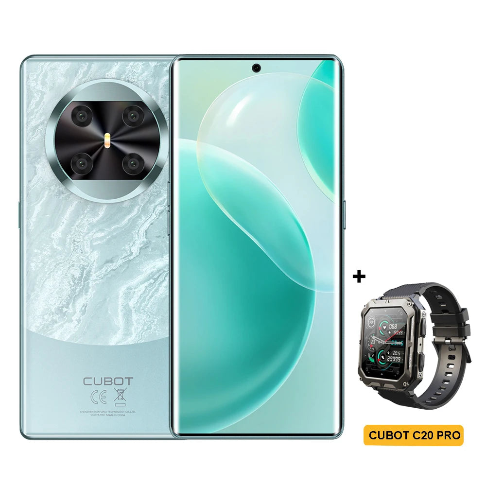 Cubot X90 green marble smartphone, 6.67" AMOLED curved display, 100MP camera, and Cubot C20 Pro smartwatch bundle.
