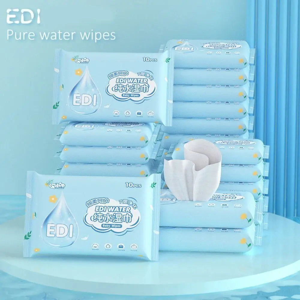 EDI pure water baby wipes in 10-count blue travel packs for sensitive skin care.