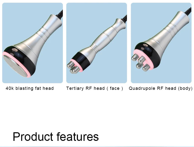Three silver handheld beauty device attachments: 40K cavitation head, 3-prong facial RF, and 4-prong body RF probe.