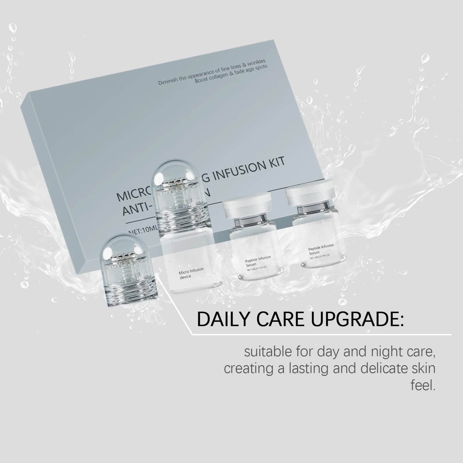 Anti-wrinkle infusion kit featuring a grey box, one micro-infusion device, and two serum vials splashing in water.