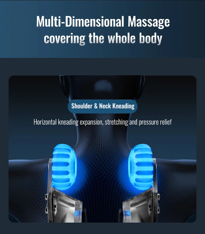 Two blue, cylindrical massage heads positioned on the shoulders for neck and upper back kneading and pressure relief.