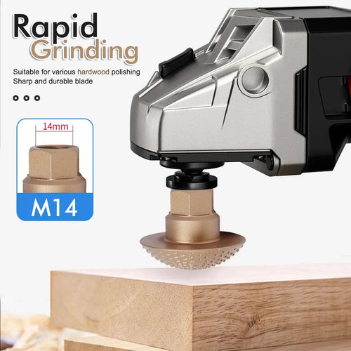 Brown arched polishing grinding head mounted on angle grinder, diamond-pattern disc