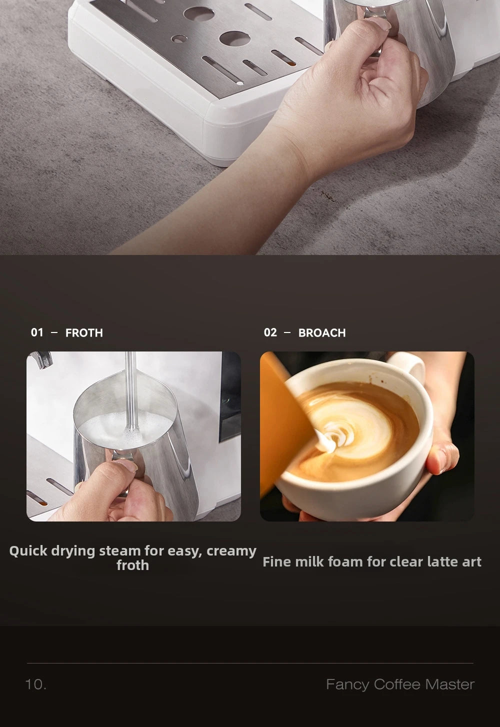 Fancy Coffee Master white espresso machine steaming milk with a stainless steel pitcher for creamy latte art foam.