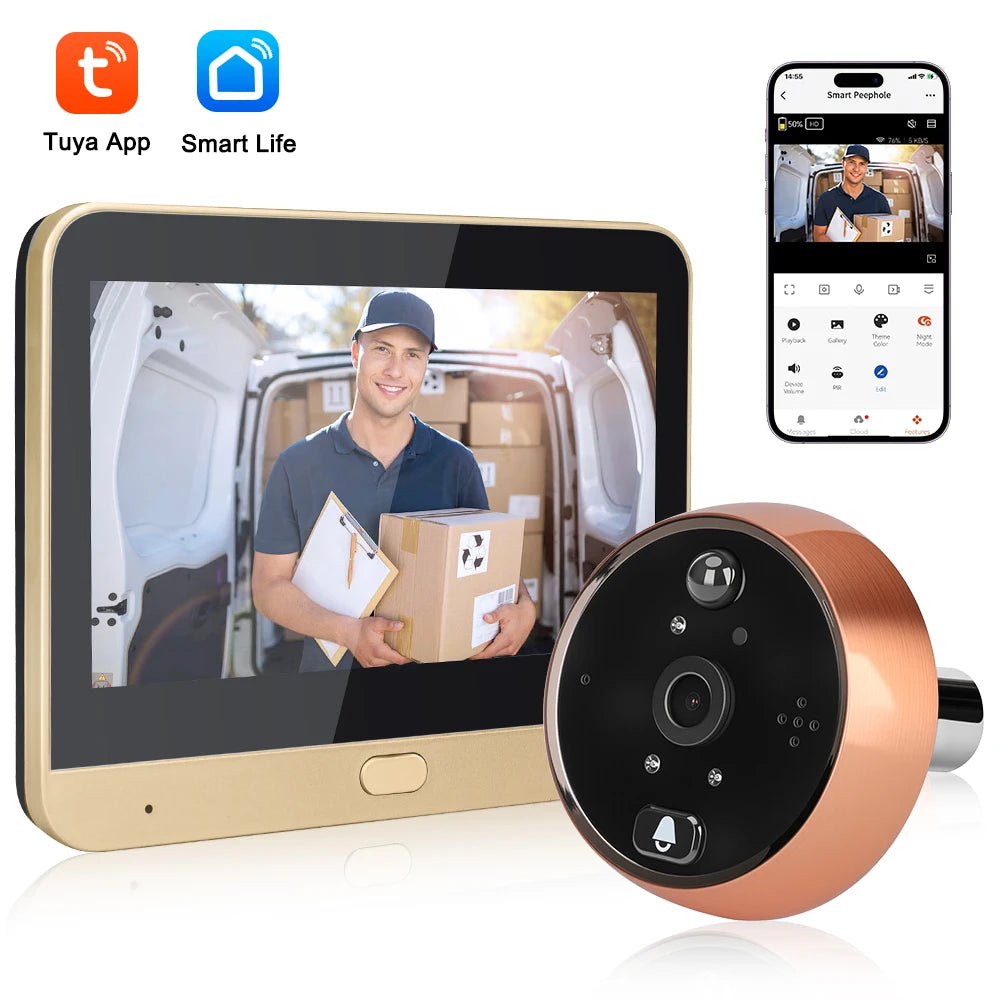Front view WiFi peephole doorbell camera with black lens and copper ring