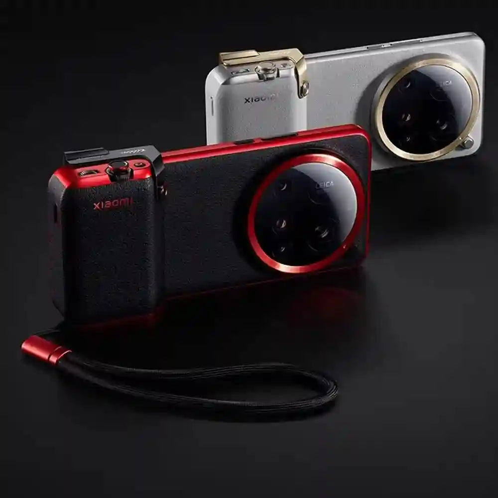 Red and silver Xiaomi 14 Ultra smartphones with camera-style protective grip cases, featuring large circular lens
