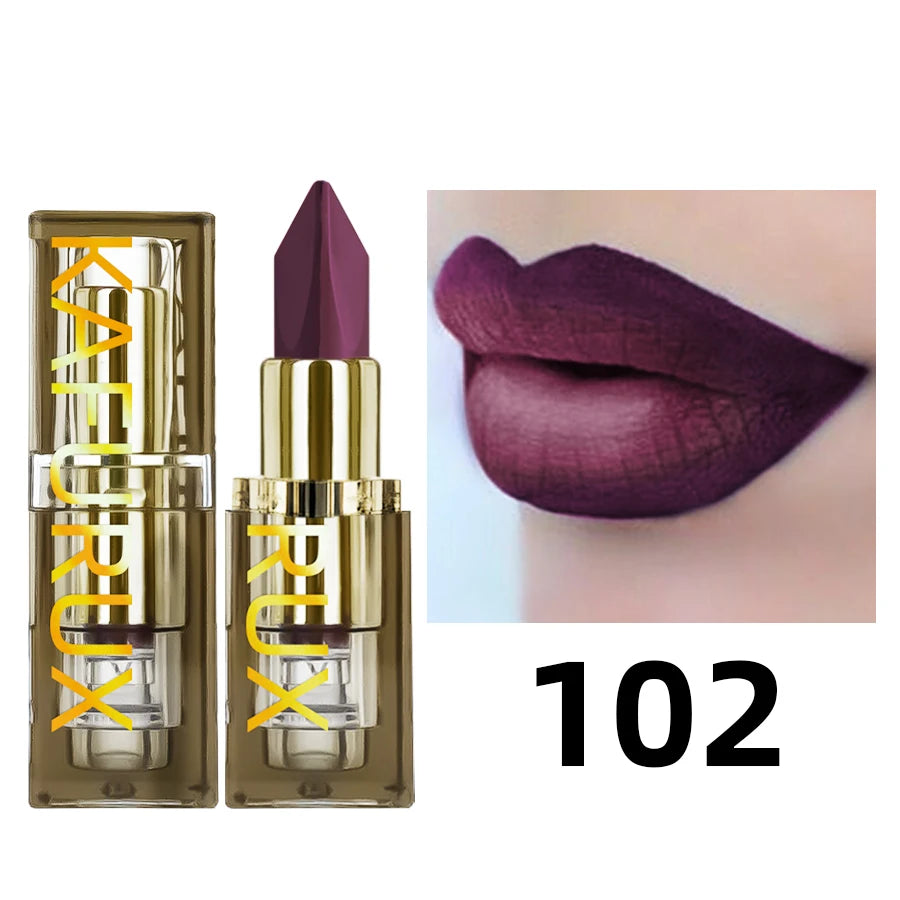 Matte dark purple lipstick in a gold tube with model wearing deep violet shade, moisturizing lip makeup for long wear.
