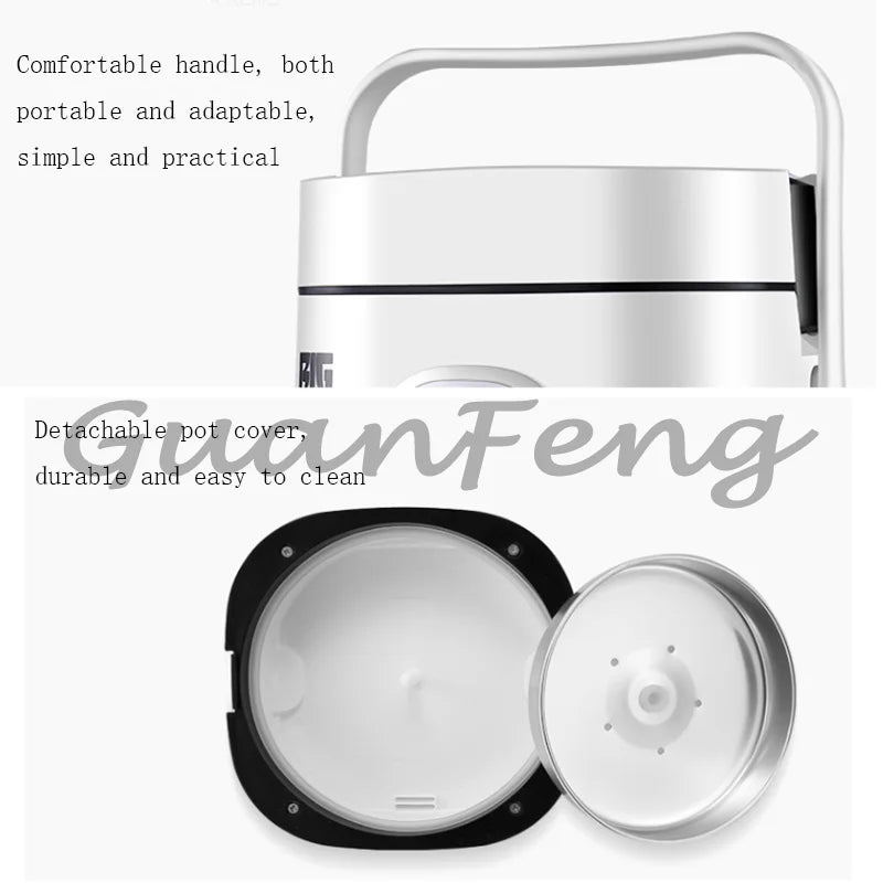 Portable mini rice cooker with open top, removable inner lid and inner pot, white and black