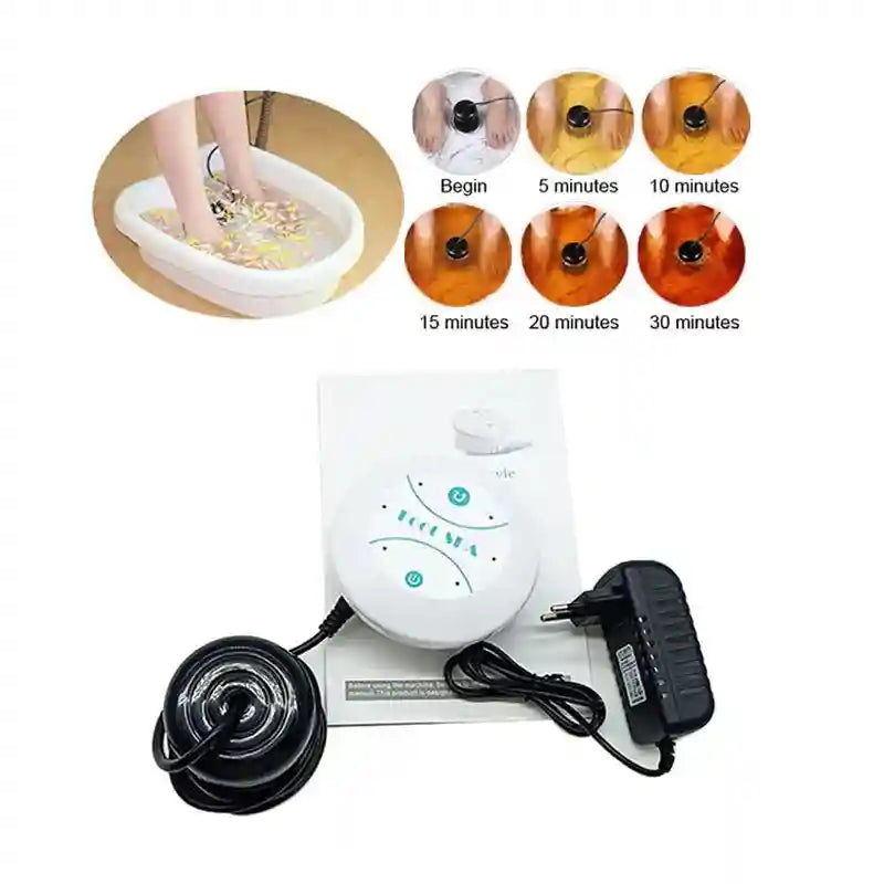 Ionic foot detox bath machine with array, power adapter, and water color change guide for home spa health treatment.