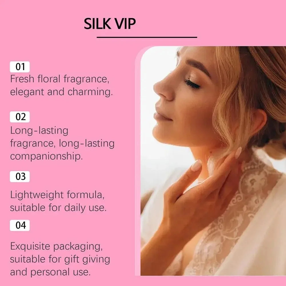 Silk VIP pheromone perfume: Long-lasting, fresh floral fragrance for men and women. Elegant scent in stylish packaging.