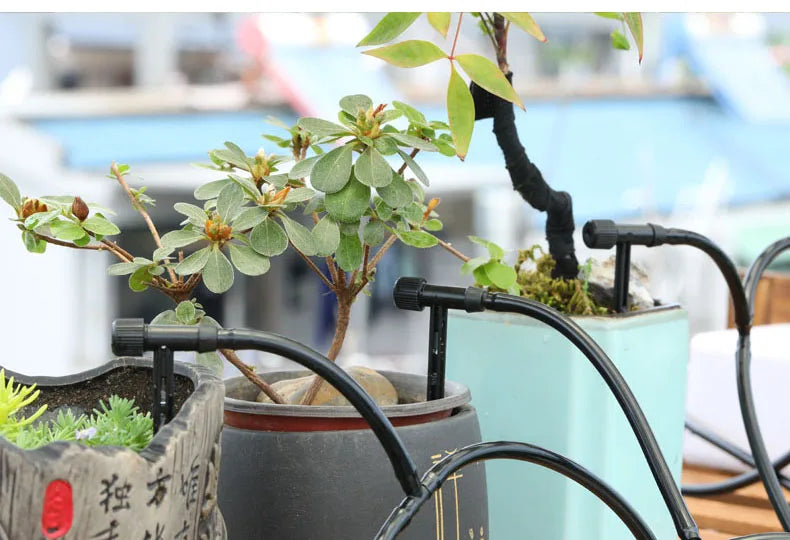 Black adjustable drip irrigation manifold with hose and micro drippers over potted plants