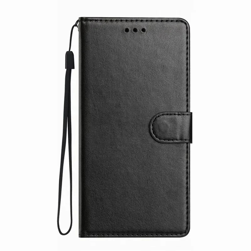 Black leather wallet phone case with a magnetic strap closure and attached wrist lanyard.