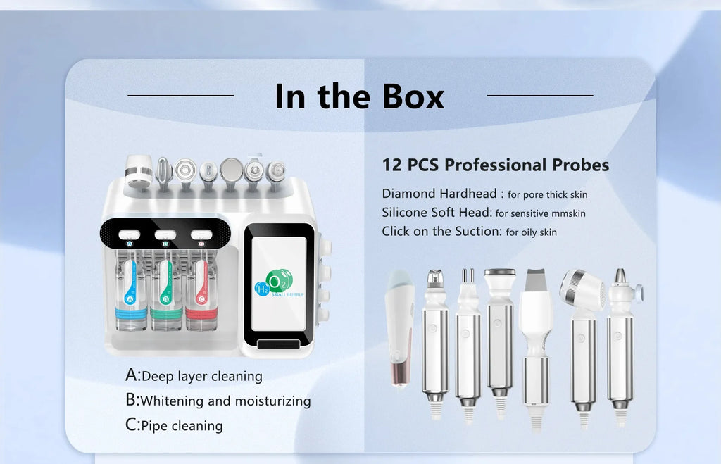 8-in-1 hydro facial machine with 12 professional probes for deep cleansing, ultrasonic lifting, and spa skin care.