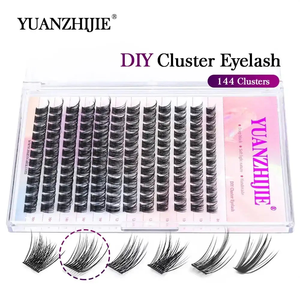 Black DIY cluster eyelash extension kit with 144 individual lash segments in various lengths in a clear plastic tray.