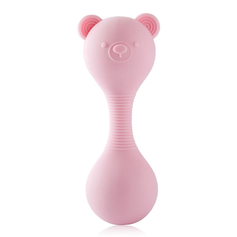 Pink silicone bear baby teething toy for soothing sore gums.