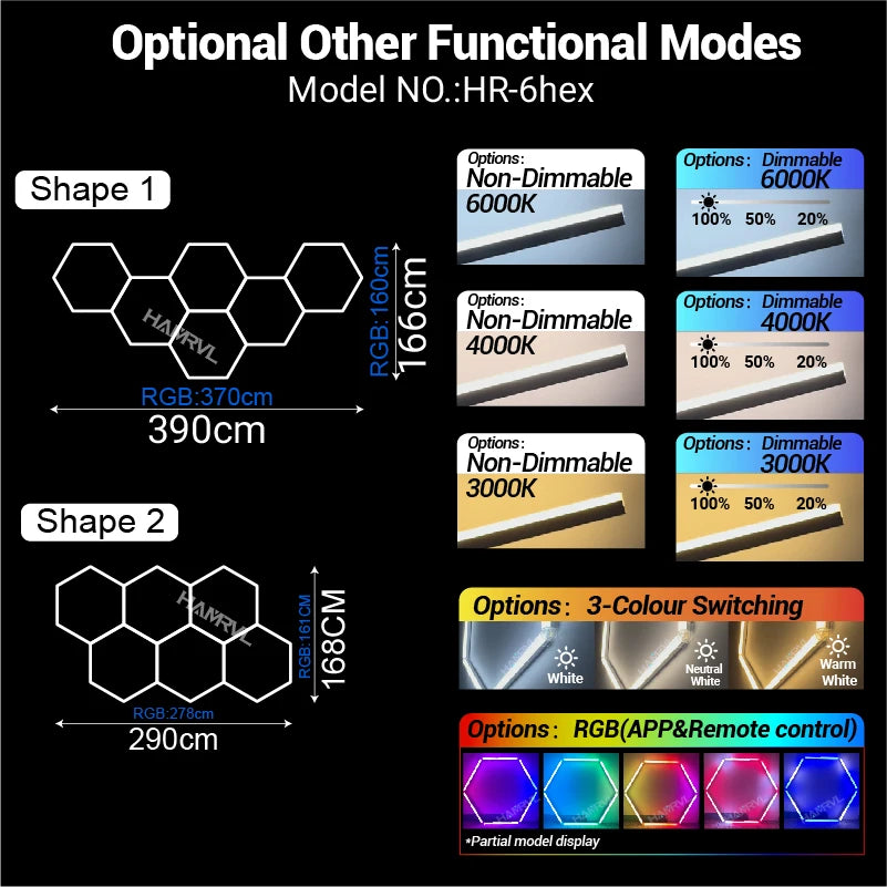Honeycomb hexagon LED ceiling light panel diagram, RGB color-changing mode options