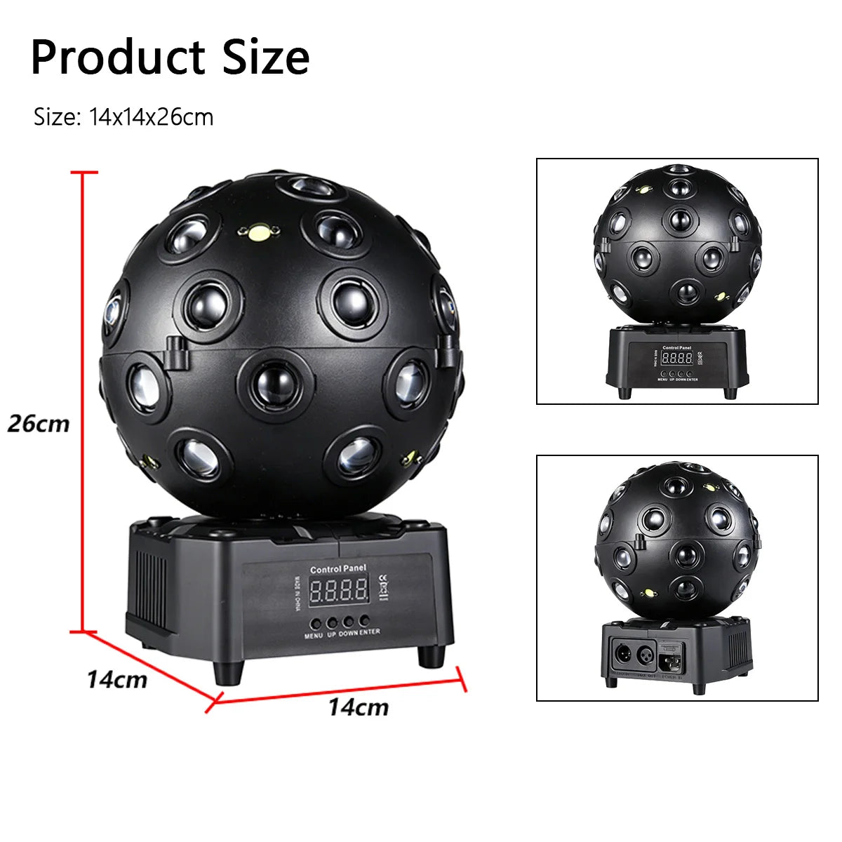 Black rotating LED stage light with control panel display and mounted housing