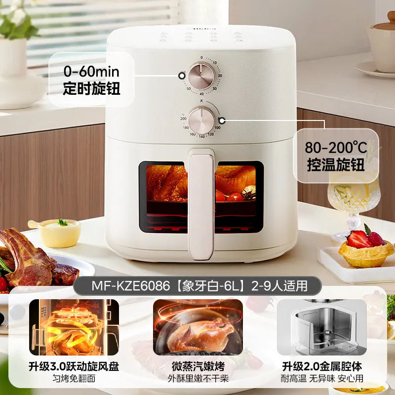 Midea air fryer, white with front viewing window, two knobs, 2-6L capacity