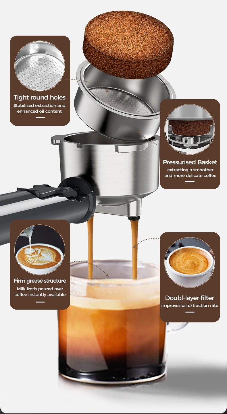 Stainless steel espresso portafilter with pressurized double-layer filter basket for enhanced coffee extraction.