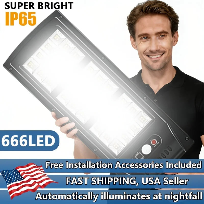 6000K Brightness Solar LED Street Light with 666 Lamp Beads, Built-In Infrared Sensor for Automatic Lighting. Solar-Powered with Zero Electricity Cost, Ideal for Garage And Street Lighting