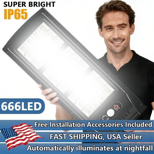 Dark gray solar street light with rectangular LED panel and motion sensor control.