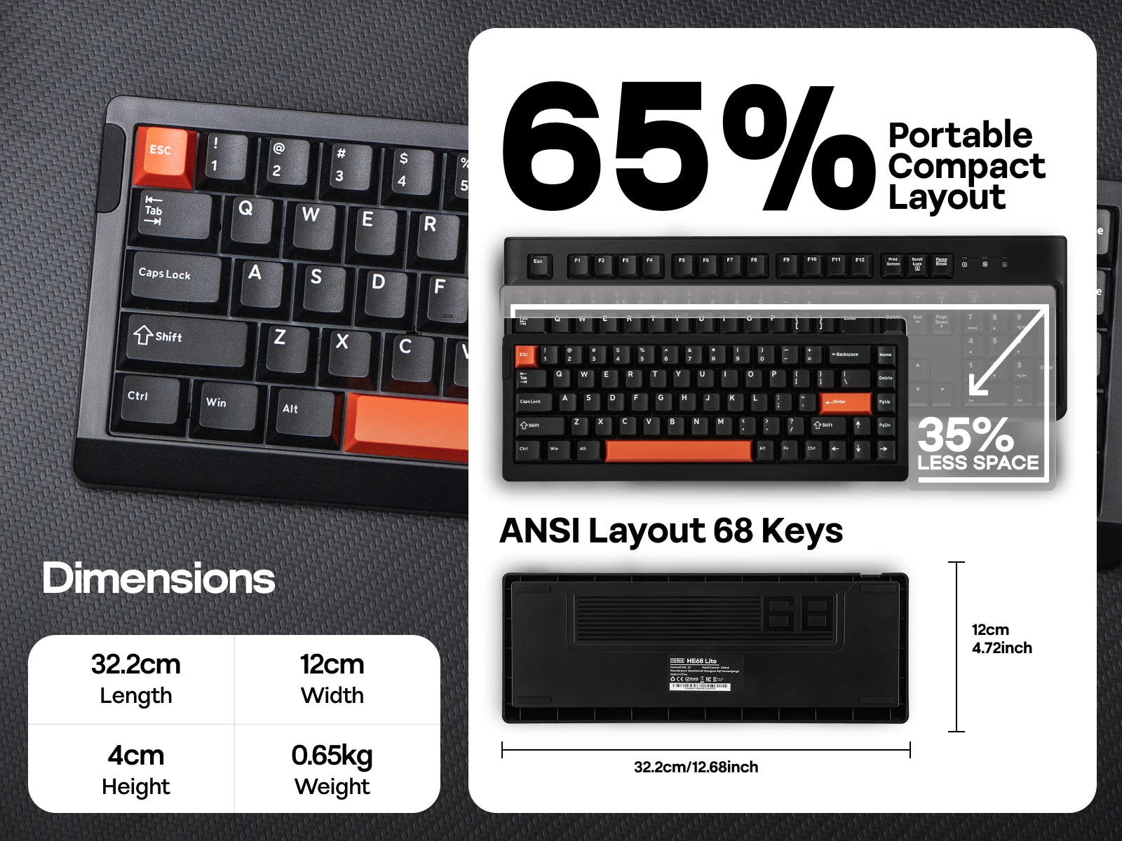EPOMAKER HE68 Lite 65% ANSI US Layout Tray-Mounted Wired Hall Effect Magnetic Mechanical Keyboard DKS SOCD RGB Backlight