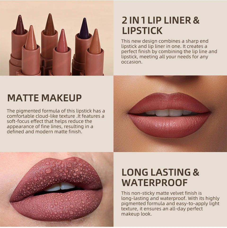 2-in-1 waterproof matte lipstick and lip liner pencil in red-brown shades for a long-lasting, velvet-finish lip look.