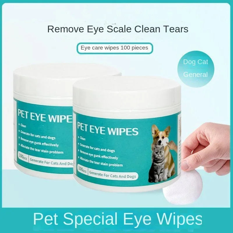 100pc pet eye wipes for dogs and cats to gently remove tear stains, eye gunk, and scale. Effective grooming supplies.