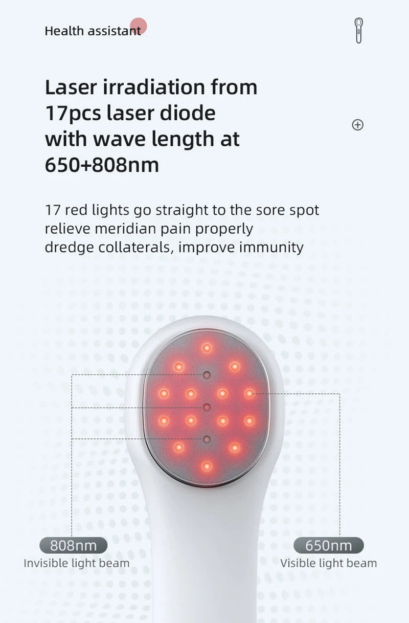 Hand-held cold laser therapy device with 17 red light diodes for pain relief and infrared physical treatment.